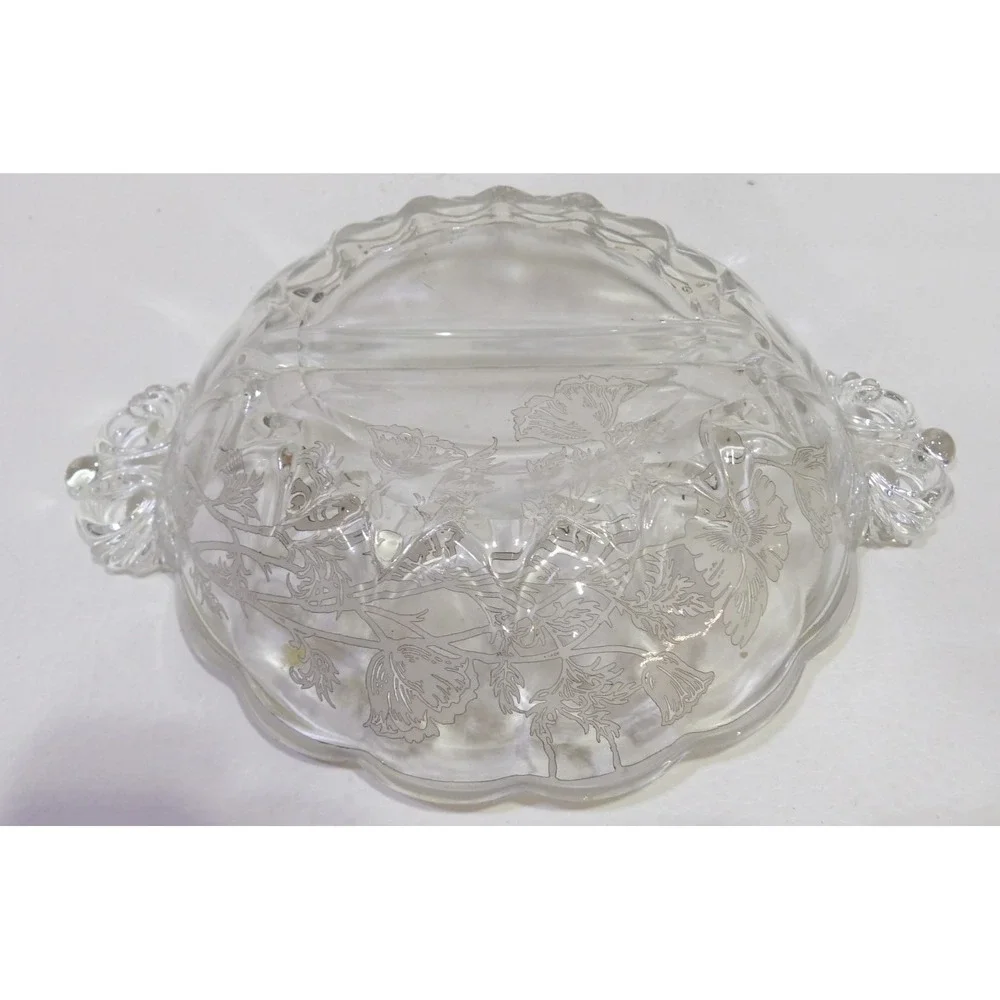Vintage Silver Overlay Glass Divided Relish Dish Floral Poppy Scalloped Handle